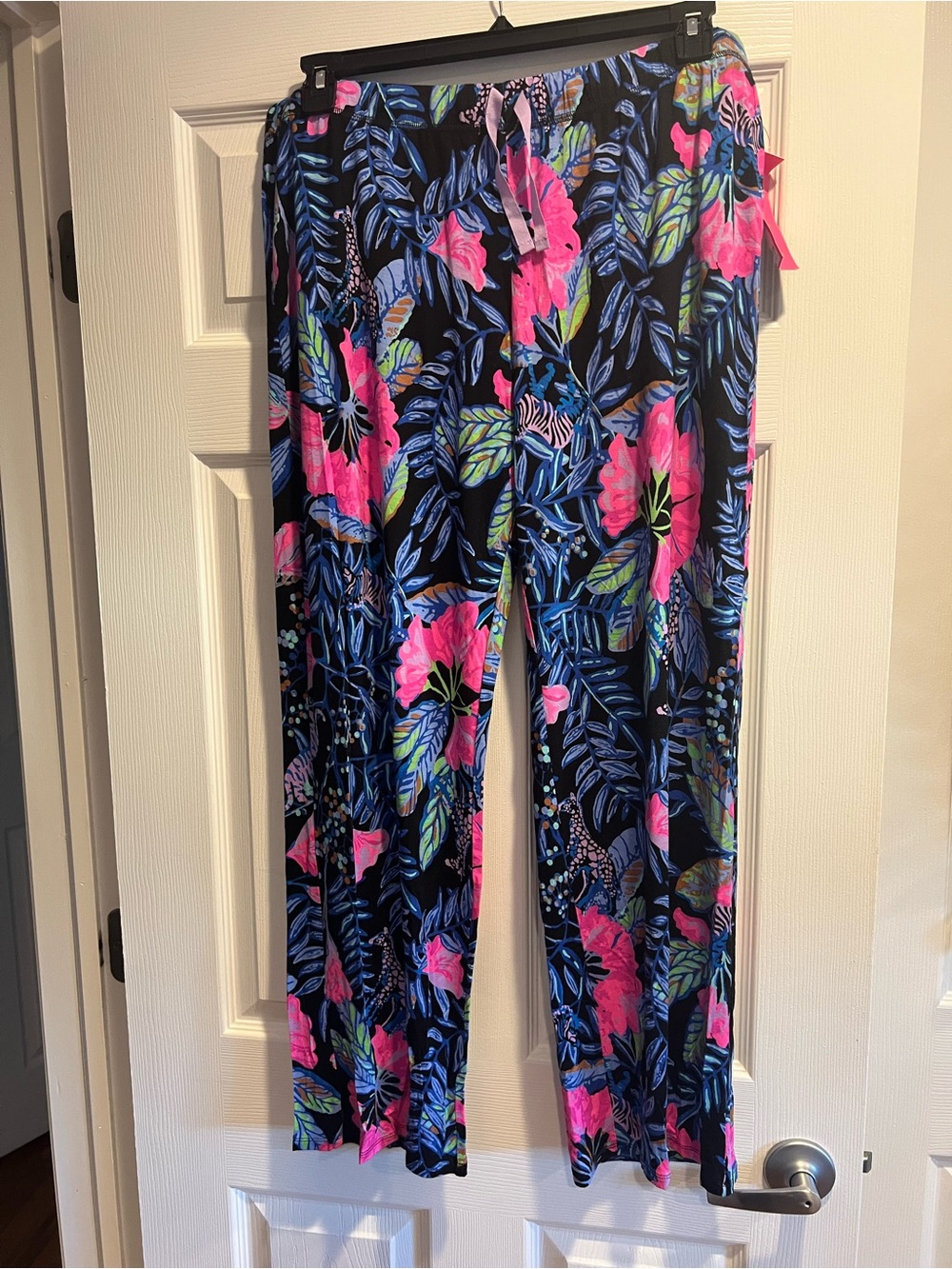 Lilly Pulitzer Black Lounge Pants with Pink & Blue Tropical Print